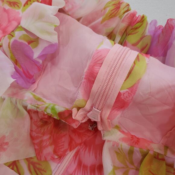 VINTAGE Floral Chiffon Maxi Dress Womens Small Pink Ruffle Neck Puff Sleeve 70s - Picture 10 of 11